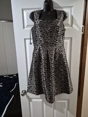 Silver and Black Brocade Maxi Dress with Square Neck